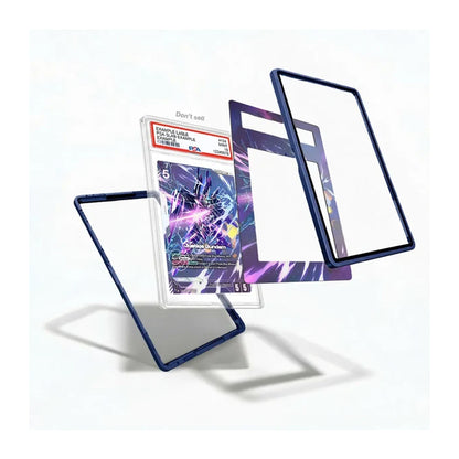 Three clear acrylic card protectors with dark blue borders are shown floating around a graded PSA card case on a white background.