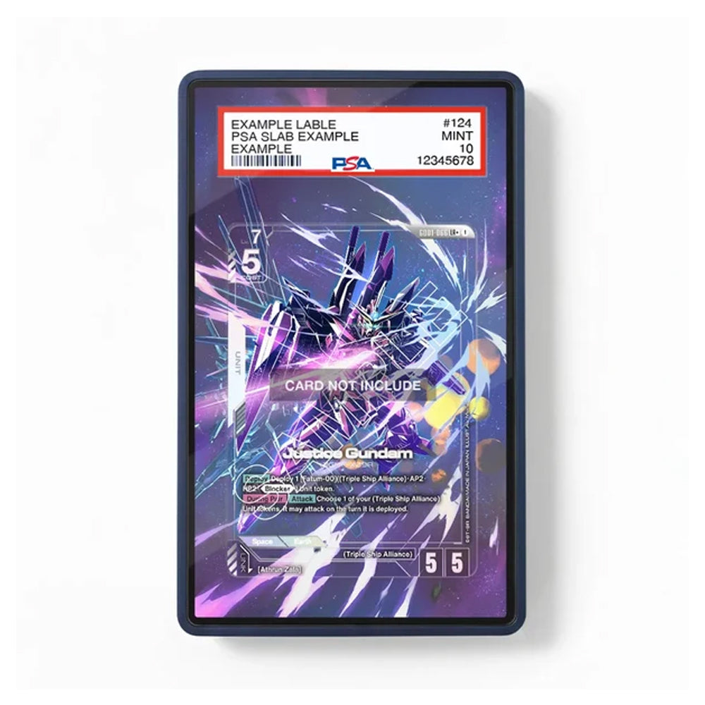 A black protective display case holding a printed sample card, shown against a plain white background. The card features colorful sci-fi artwork with purple, blue, and pink tones and includes a red PSA slab label at the top.