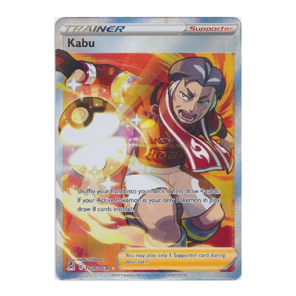 A holographic Pokémon TCG card featuring Kabu, a Fire-type Trainer Supporter. The card has a silver border with colorful artwork of Kabu surrounded by fire and a Pokéball, set against a plain white background.