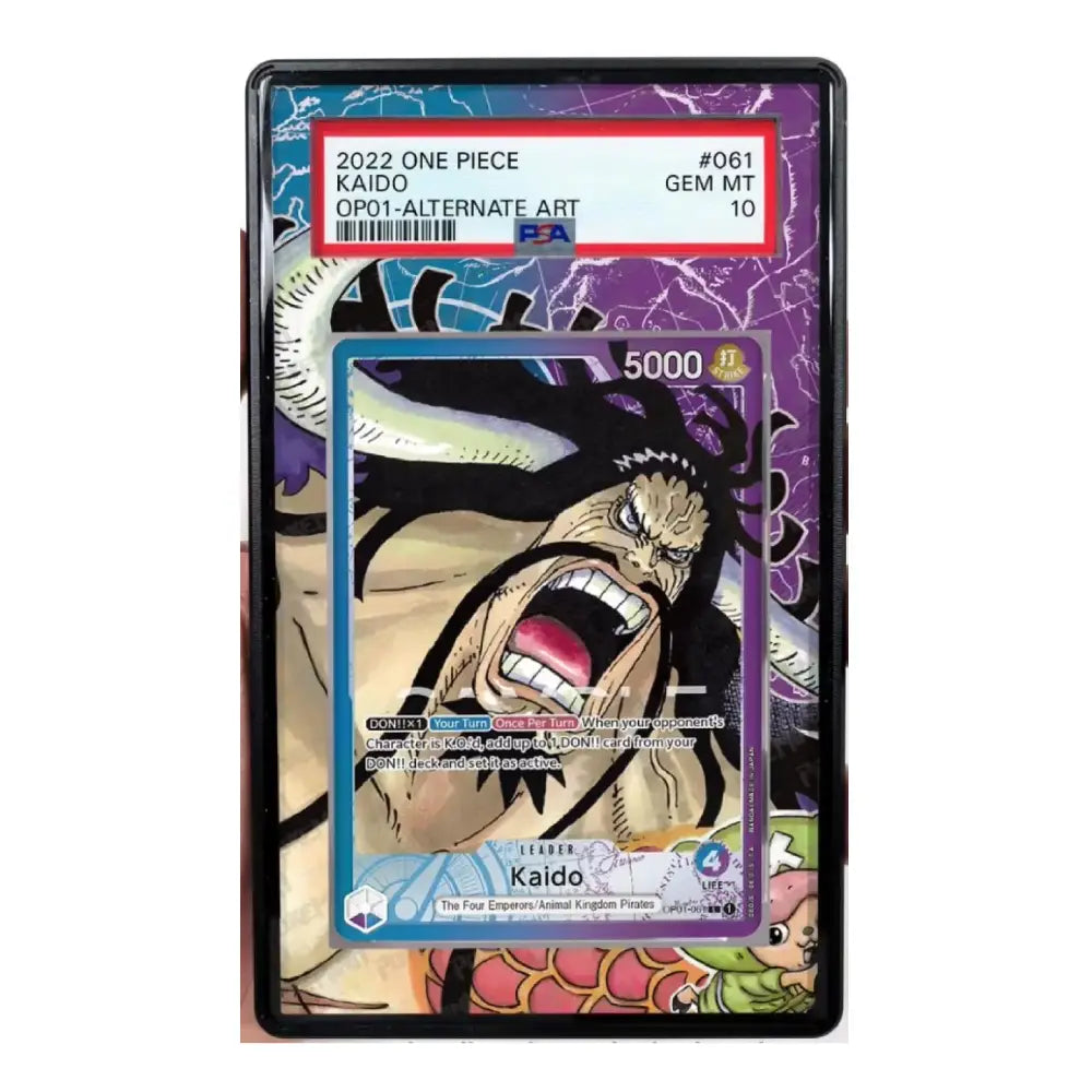 Trading card featuring Kaido from One Piece in a display case with text and numbering.