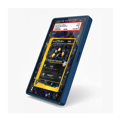 A blue protective phone case with a custom dark galaxy-patterned screen protector, shown on a light gray background. The screen protector features a yellow card mockup and a PSA authentication label at the top.