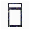 A rectangular decorative frame or plate with rounded corners, featuring a dark galaxy print with purple, blue, green, and gold glitter speckles. The top section has a smaller horizontal slot, and the lower section is a larger vertical slot, both filled with a solid white insert, set against a plain white background.