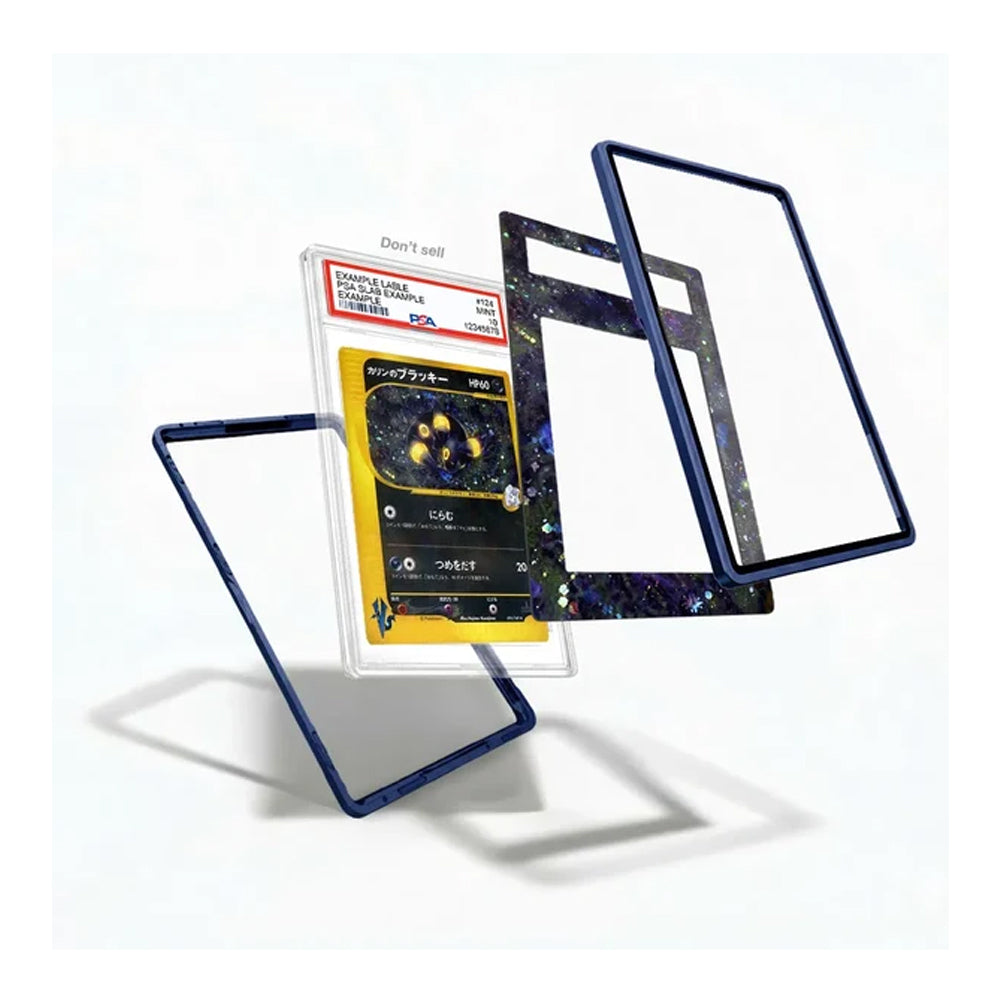 A set of custom phone cases shown floating in an exploded view on a white background. The product includes a clear case with a dark blue border, a clear case with a black and blue galaxy print, and a clear case with a yellow Pokémon card insert.