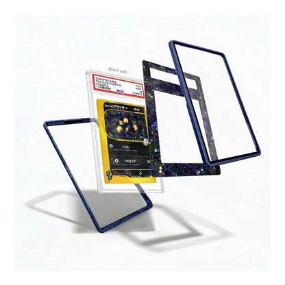 A set of custom phone cases shown floating in an exploded view on a white background. The product includes a clear case with a dark blue border, a clear case with a black and blue galaxy print, and a clear case with a yellow Pokémon card insert.