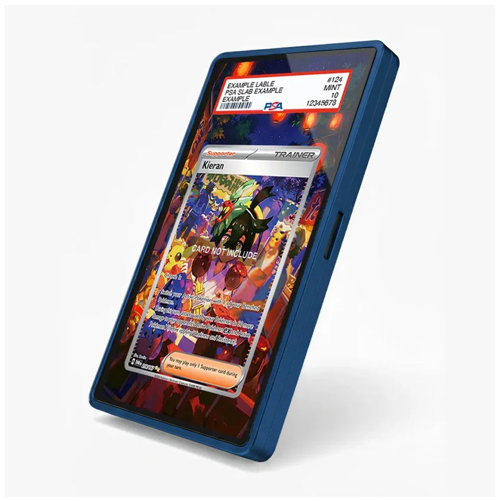 A blue protective case around a tablet device, shown at an angle on a light gray background. The screen displays a colorful card game interface with a Keran card and a sample label at the top.