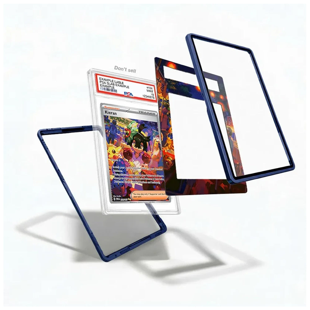 A set of custom protective card sleeves and frames displayed in a floating, exploded layout on a clean white background. The set includes a clear sleeve with a dark blue border, a clear sleeve with a colorful anime-style border, a clear sleeve with a dark blue border, and a clear sleeve with a dark blue border containing a graded Pokémon TCG holographic insert card.