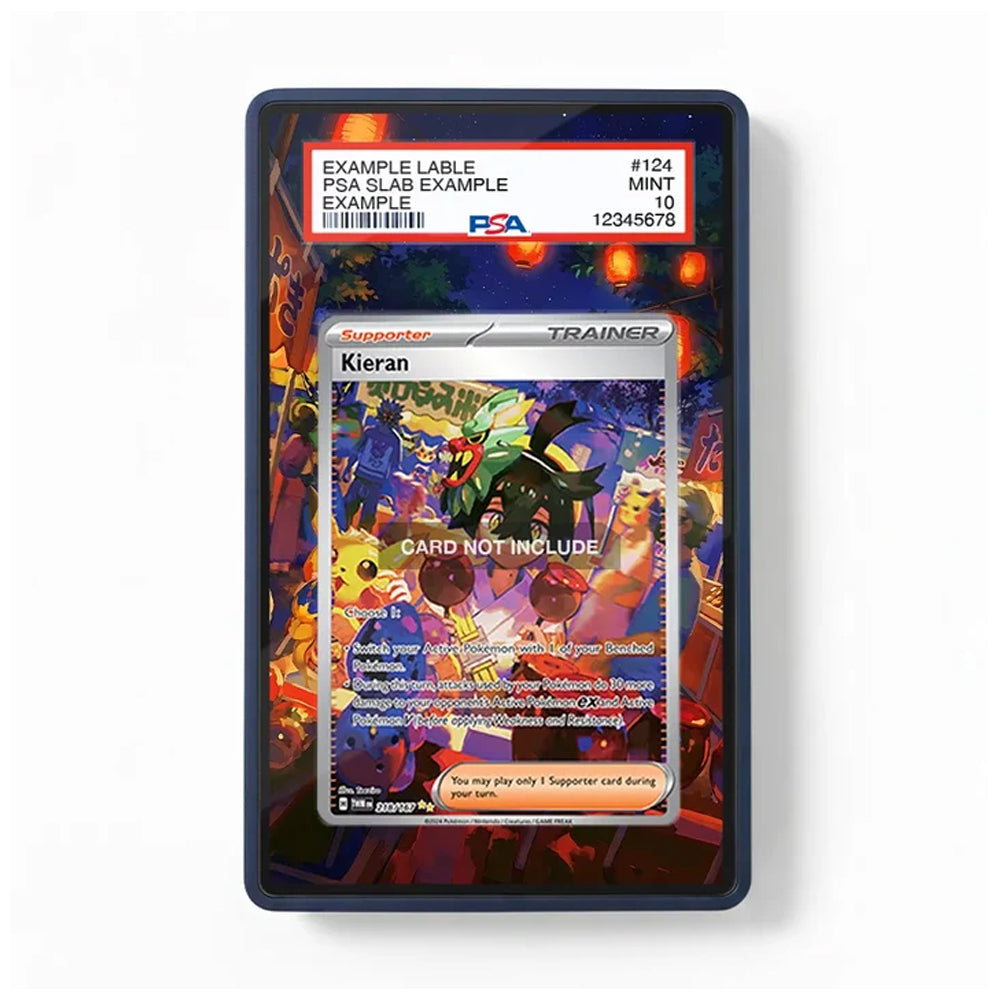 A PSA graded PSA SLAB Example collectible card slab showing a Kieran Trainer card, with a PSA authentication label at the top and a colorful card insert featuring cartoon characters.