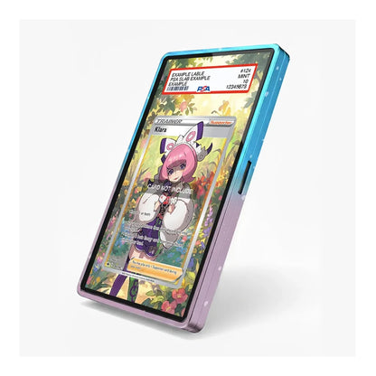 A protective phone case with a colorful anime-style print on the back, shown standing upright at an angle on a light gray background. The case has a blue-to-purple gradient border.