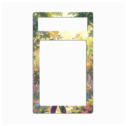 A rectangular decorative frame or mat with rounded corners, featuring a colorful floral and botanical border design in green, yellow, pink, and purple tones. The top and center areas are cut out for functionality, leaving a solid white space in the middle and top section.