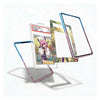 Three clear acrylic card protectors with colorful printed borders are displayed floating against a white background, with one protector shown holding a graded Pokémon TCG trading card.