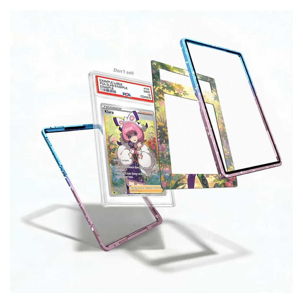 Three clear acrylic card protectors with colorful printed borders are displayed floating against a white background, with one protector shown holding a graded Pokémon TCG trading card.