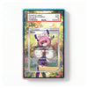 A PSA graded slab containing a Pokémon TCG card, shown against a clean white background. The slab has a light blue and pink glitter border, and the card inside features an anime character on a floral background.