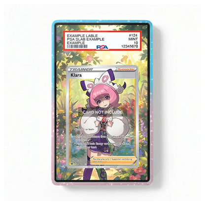 A PSA graded slab containing a Pokémon TCG card, shown against a clean white background. The slab has a light blue and pink glitter border, and the card inside features an anime character on a floral background.
