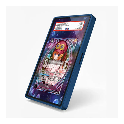 A blue protective case for a tablet, shown standing upright at an angle on a light gray background. The screen of the tablet displays a colorful anime card mockup with a red PSA label at the top.