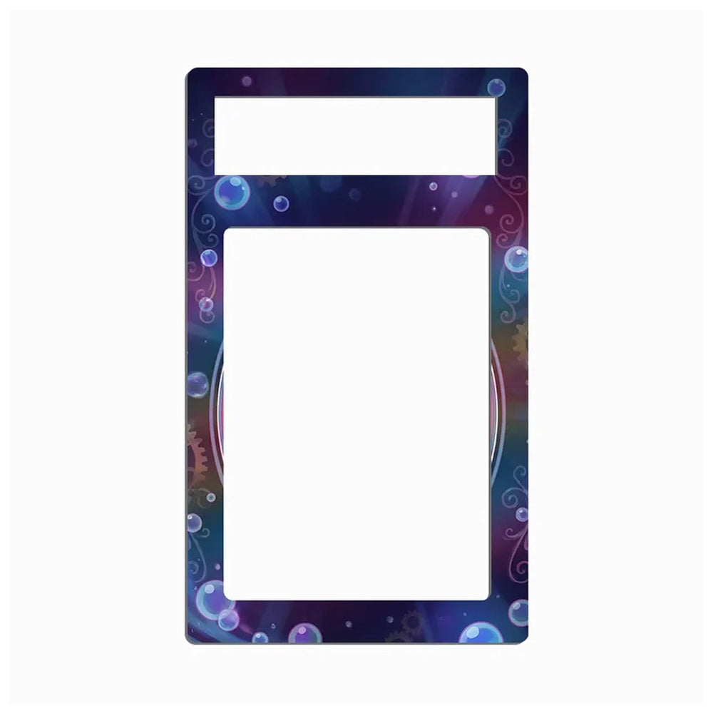 A decorative rectangular frame or plate with a large blank center and a smaller cutout at the top, featuring a colorful galaxy-like border with purple, blue, pink, and teal swirls, bubbles, and light effects on a white background.