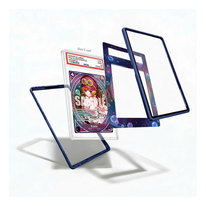 A set of custom card sleeves and frames shown floating against a white background. The set includes a clear sleeve holding a graded 'Sable' holographic card, a dark blue translucent sleeve, a dark blue/purple bubble-patterned sleeve, and two empty dark blue frames.