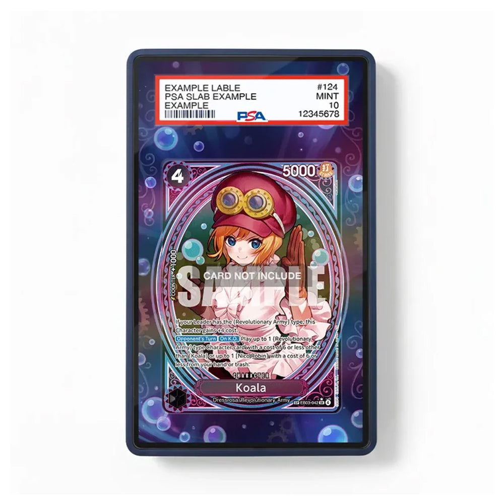 A PSA graded holographic collectible card slab showing an example Koala card, with a PSA grading label at the top and a clear protective case around it on a white background.