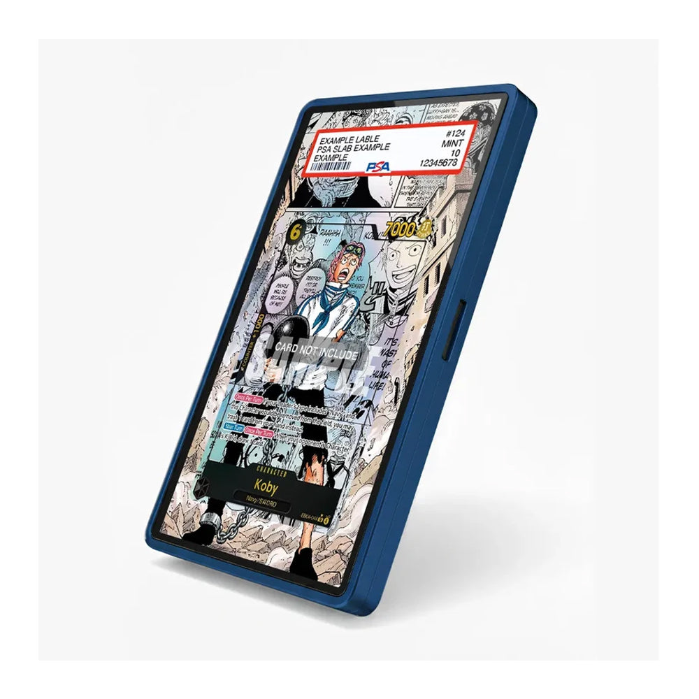 A blue protective phone case with a black-and-white comic book style print on the back, shown on a white background.