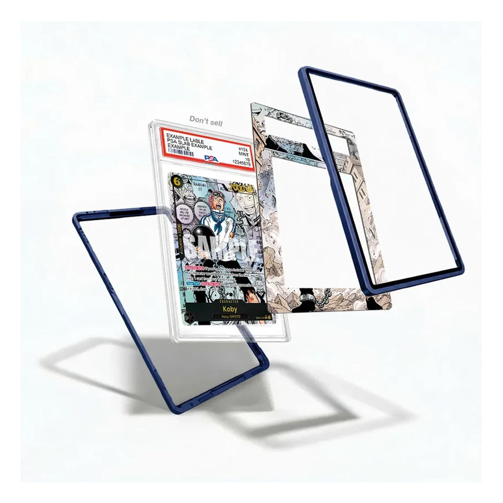 A set of custom anime-style picture frames with dark blue borders, shown floating in a clean studio setting with a comic book insert.