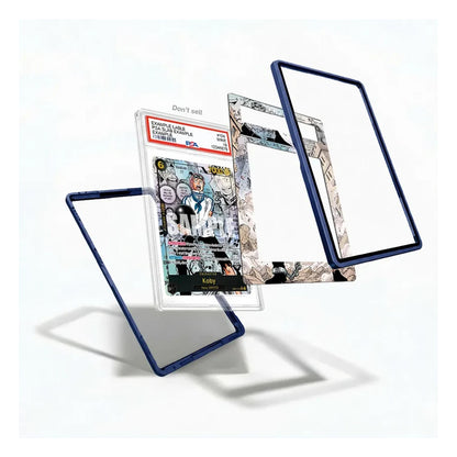 A set of custom anime-style picture frames with dark blue borders, shown floating in a clean studio setting with a comic book insert.