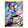 A collectible trading card featuring an illustrated character with pink hair and goggles, shown against a bright blue and purple energy background. The card has a yellow border, Japanese text, and game-style stats including '8', '9000', and '打'.