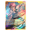 A holographic Yu-Gi-Oh! trading card featuring the character Koby from Navia/Wizadj, with pink hair, a white shirt, and green accents, set against a colorful cosmic background with gold borders.