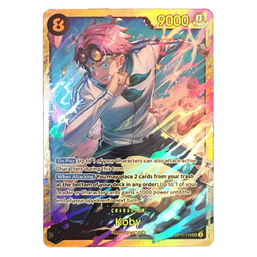A holographic Yu-Gi-Oh! trading card featuring the character Koby from Navia/Wizadj, with pink hair, a white shirt, and green accents, set against a colorful cosmic background with gold borders.