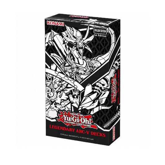 Yu-Gi-Oh! Trading Card Game Legendary Arc-V Decks – English Edition 1st Edition Konami Collectible Deck Box featuring black and white anime artwork, iconic fantasy monster illustrations, and premium card game packaging for Yu-Gi-Oh! TCG collectors, anime fans, and trading card game enthusiasts