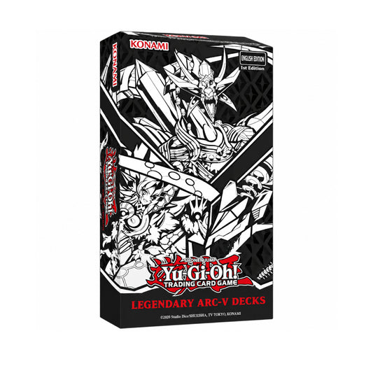Yu-Gi-Oh! Trading Card Game Legendary Arc-V Decks – English Edition 1st Edition Konami Collectible Card Game Box featuring iconic anime character artwork in black and white, premium deck packaging, and collectible Yu-Gi-Oh! TCG cards for trading card collectors and anime fans