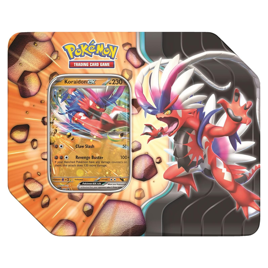 Pokémon trading card game packaging with Koraidon EX card and character illustration