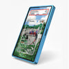 Trading card in a blue protective case on a white background