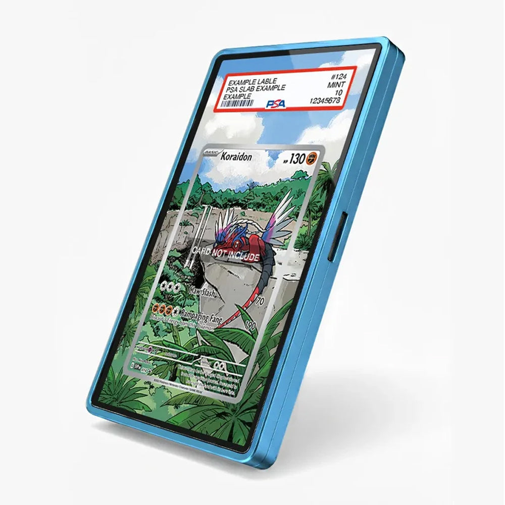 Trading card in a blue protective case on a white background