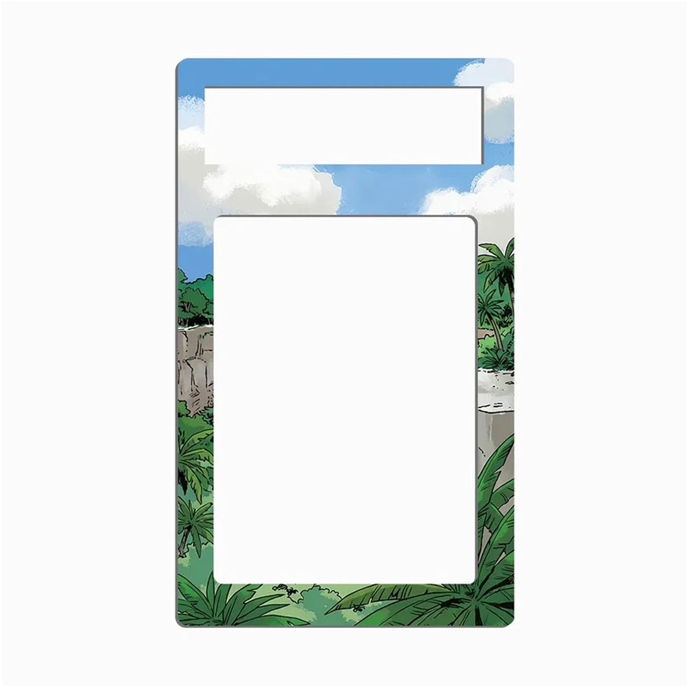 A rectangular picture frame with rounded corners, featuring an illustrated tropical landscape border. The top and bottom sections show a blue sky with white clouds, while the sides depict green palm trees and foliage.