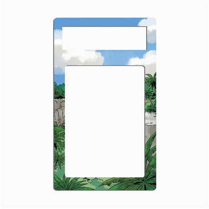 A rectangular picture frame with rounded corners, featuring an illustrated tropical landscape border. The top and bottom sections show a blue sky with white clouds, while the sides depict green palm trees and foliage.