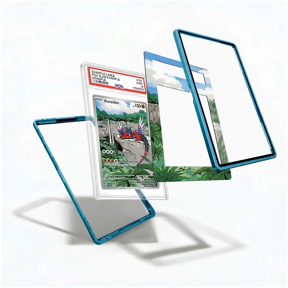 A set of transparent phone screen protectors with metallic blue edges, shown floating in a clean studio setting. One protector is positioned in front of a graded Pokémon Kanto Koraidon trading card, demonstrating how the clear and colored protector fits and looks when applied.