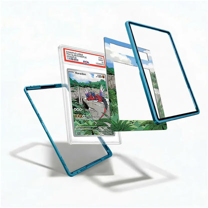 A set of transparent phone screen protectors with metallic blue edges, shown floating in a clean studio setting. One protector is positioned in front of a graded Pokémon Kanto Koraidon trading card, demonstrating how the clear and colored protector fits and looks when applied.