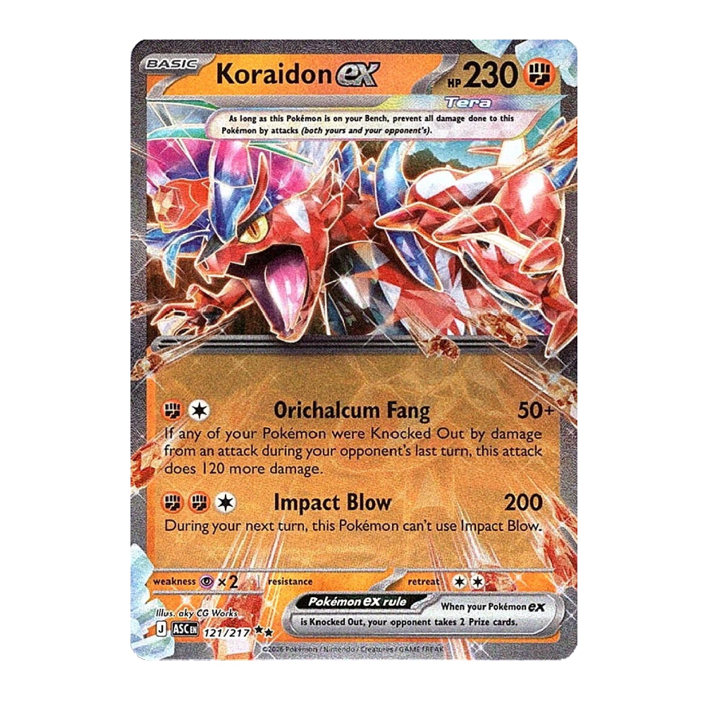 A single Pokémon trading card for Koraidon EX from the EX Arc expansion, featuring artwork of the red and blue dragon Pokémon with orange text panels and a silver holographic border.
