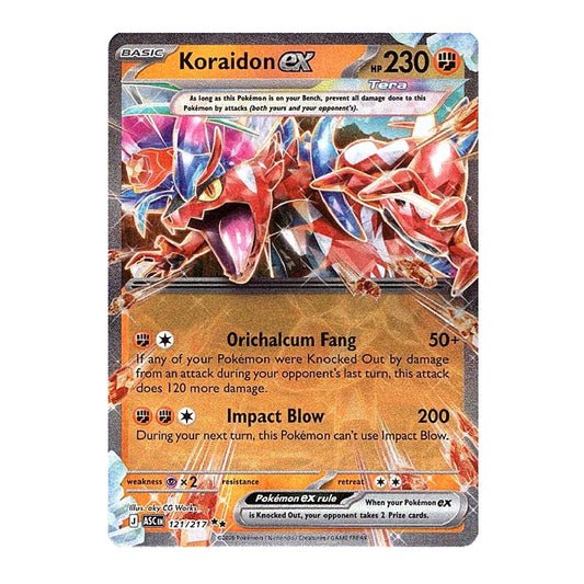 A single Pokémon trading card for Koraidon EX from the EX Arc expansion, featuring artwork of the red and blue dragon Pokémon with orange text panels and a silver holographic border.