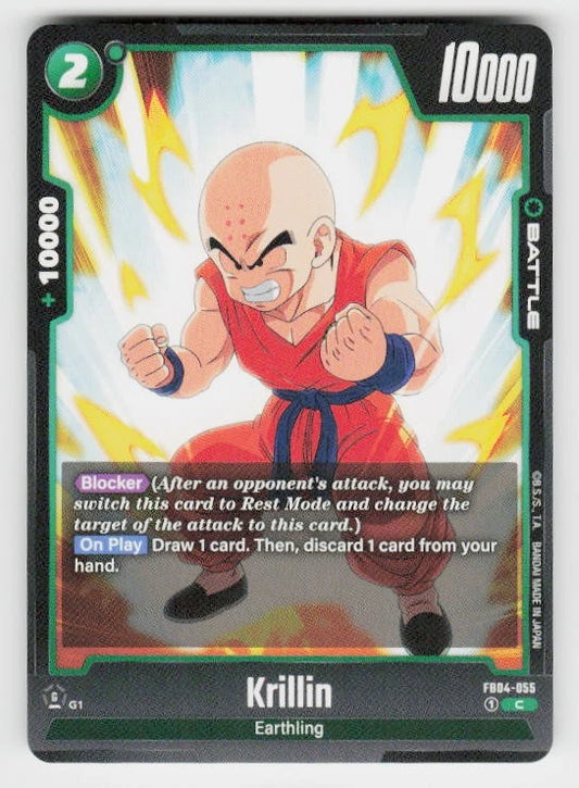 Dragon Ball Super Fusion World card of Krillin (FB04-055) from the Ultra Limit set, featuring the brave Z-Fighter in a Blue Character card design.