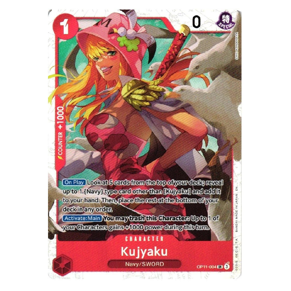 A single collectible trading card featuring the character Kuijaku from Sword Art Online. The card has a red border, a red health bar at the bottom, and colorful anime-style artwork of Kuijaku wearing a pink hat and red outfit.