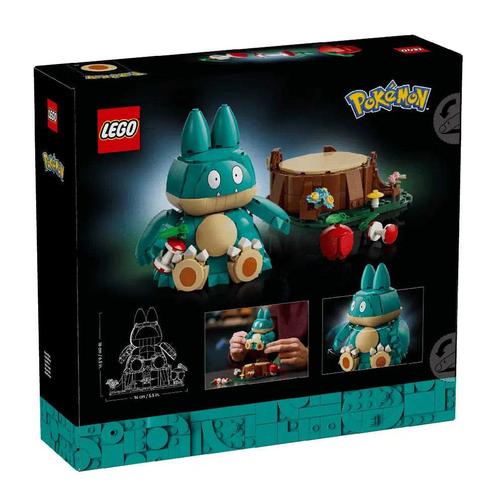 LEGO Pokémon Tork-toy building set box shown at a three-quarter angle on a black background. The packaging features the assembled toy, a drum, small character figures, and LEGO and Pokémon logos.