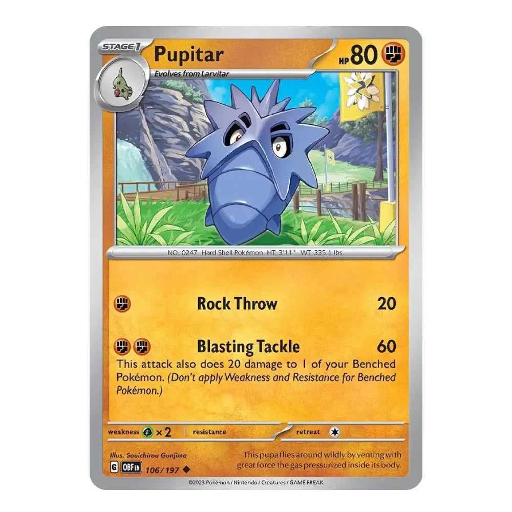 A Pokémon trading card for Pupitar, shown against a plain white background. The card has a silver border, an orange-yellow text area, and artwork of a blue dog-like Pokémon in a grassy outdoor scene.