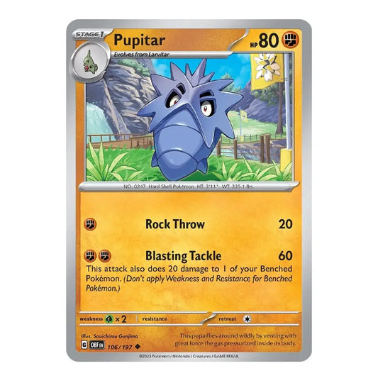 A Pokémon trading card for Pupitar, shown against a plain white background. The card has a silver border, an orange-yellow text area, and artwork of a blue dog-like Pokémon in a grassy outdoor scene.