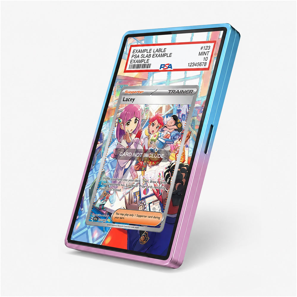 A slim rectangular card case or phone-style accessory shown at an angle on a light gray background. The product has a blue-to-purple-to-pink gradient edge and displays sample card artwork on its front, including a PSA-style grading label at the top and a card illustration in the center.