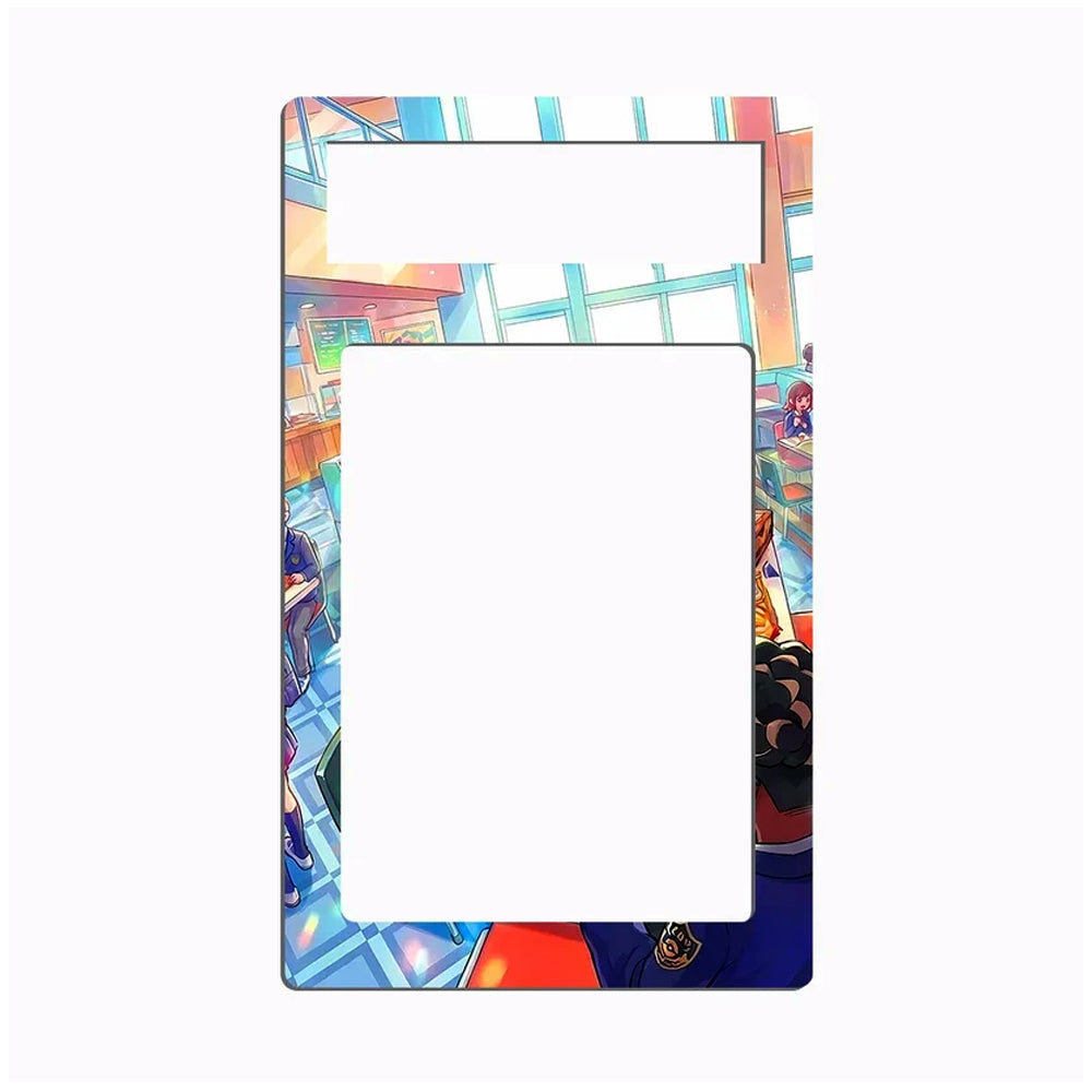 A rectangular decorative plate or frame with rounded corners, featuring a colorful anime-style illustration around the border and two large blank white cutouts in the center.