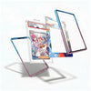 Three transparent acrylic phone cases with colorful iridescent blue, purple, and pink edges are arranged floating against a white background. One case is shown holding a graded Pokémon TCG trading card, and the card inside is labeled 'Don't sell'.