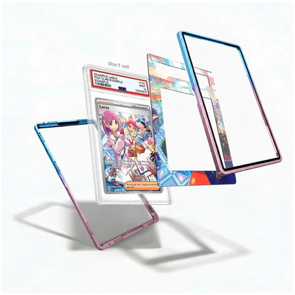 Three transparent acrylic phone cases with colorful iridescent blue, purple, and pink edges are arranged floating against a white background. One case is shown holding a graded Pokémon TCG trading card, and the card inside is labeled 'Don't sell'.