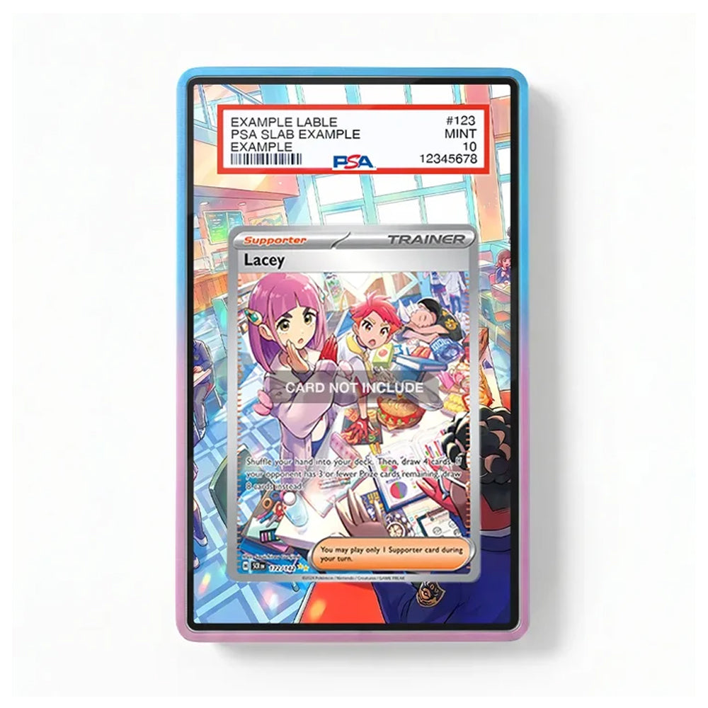 A PSA graded display card showing a Pokémon Lacey Supporter card inside a colorful holographic protective case, photographed on a plain white background.
