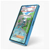 A blue smartphone shown at an angle on a light gray background, with a Pokémon-style card game interface displayed on its screen.