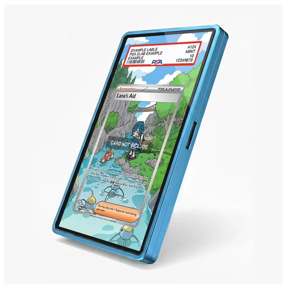 A blue smartphone shown at an angle on a light gray background, with a Pokémon-style card game interface displayed on its screen.